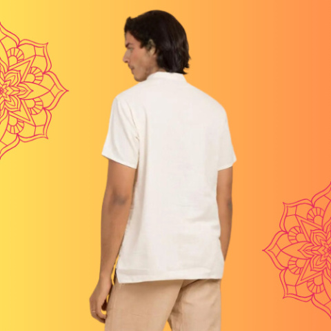 Men’s 100% organic cotton kurta with embroidered (Off - White) "Aum". Short sleeved short kurta. Men’s 100% organic cotton kurta with embroidered (Off - White) "Aum". Short sleeved short kurta.