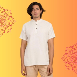 Men’s 100% organic cotton kurta with embroidered (Off - White) "Aum". Short sleeved short kurta.