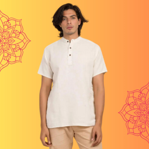 Men’s 100% organic cotton kurta with embroidered (Off - White) "Aum". Short sleeved short kurta. Men’s 100% organic cotton kurta with embroidered (Off - White) "Aum". Short sleeved short kurta.