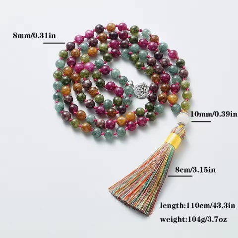 Japa Mala 108 – Mehrfarbiges Turmalin und Lotus-Symbol