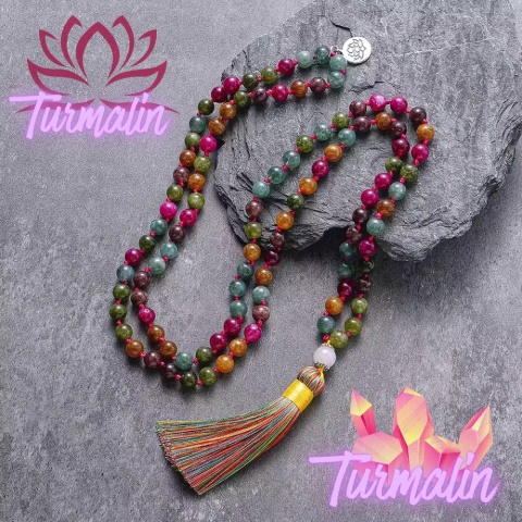 Japa Mala 108 – Mehrfarbiges Turmalin und Lotus-Symbol