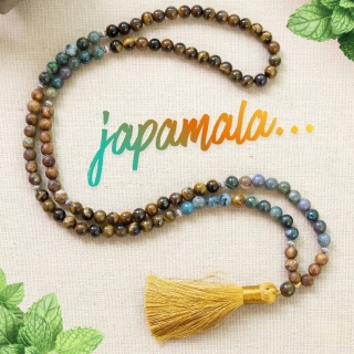 Akash Japa Mala 108 gelbe Tiger Augen, indische Agat und Onyks