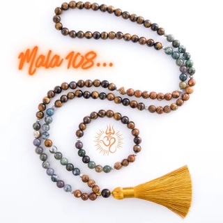 Japa Mala 108 gelbe Tiger Augen, indische Agat und Onyks
