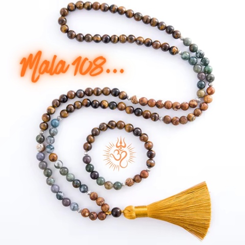 Japa Mala 108 gelbe Tiger Augen, indische Agat und Onyks