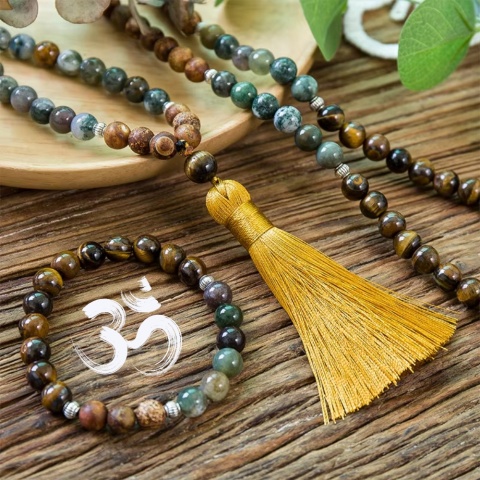 Japa Mala 108 gelbe Tiger Augen, indische Agat und Onyks