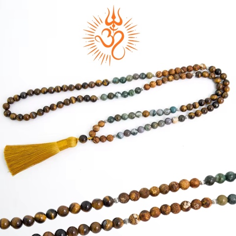 Japa Mala 108 gelbe Tiger Augen, indische Agat und Onyks